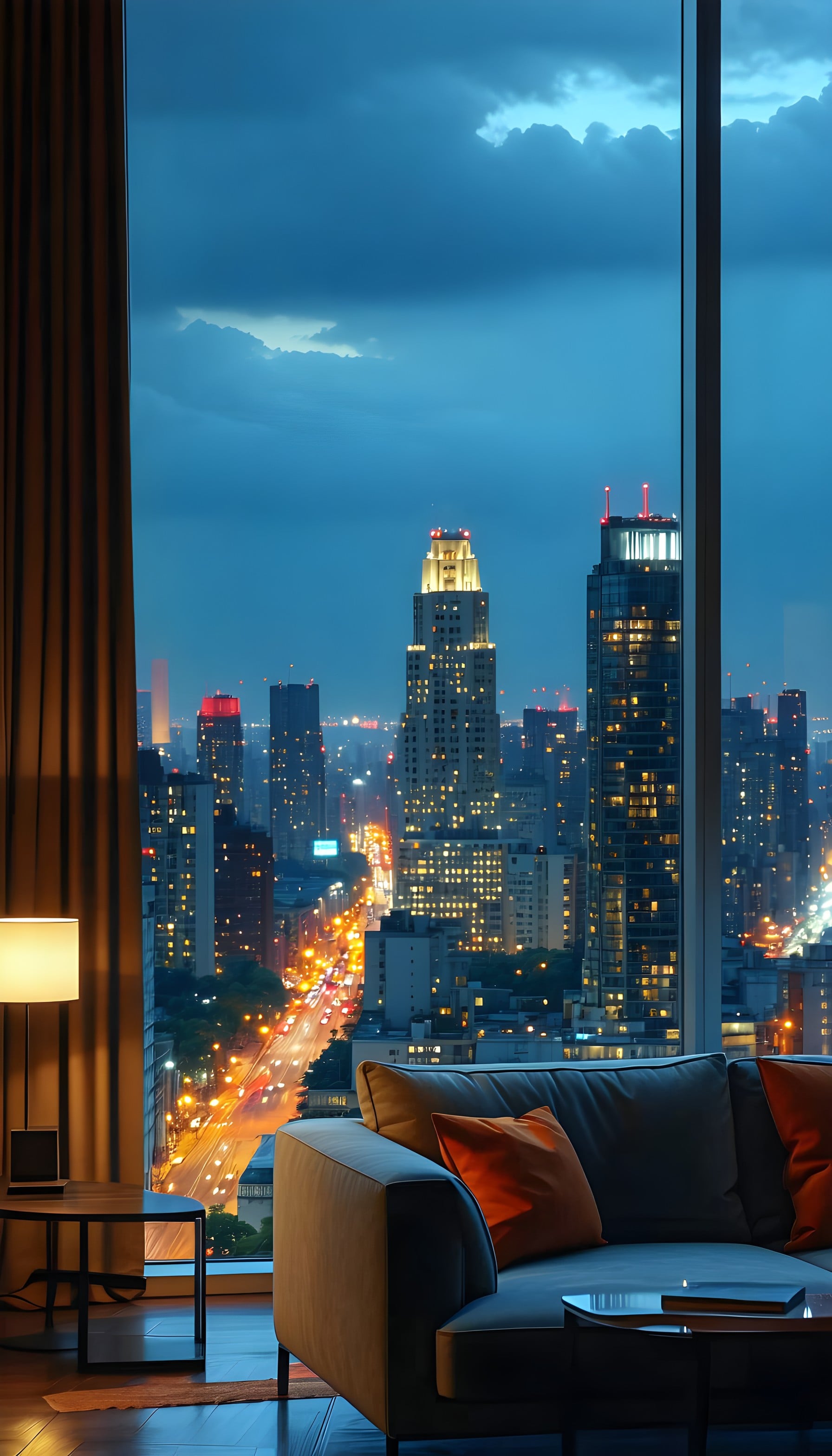Luxury City Apartment Night View Wallpaper, city night, skyline, urban view, luxury apartment, modern interior, blue orange