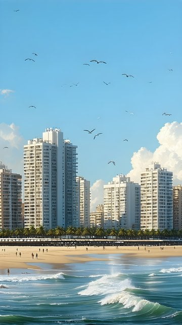 Sunny Beach Cityscape with Ocean Waves