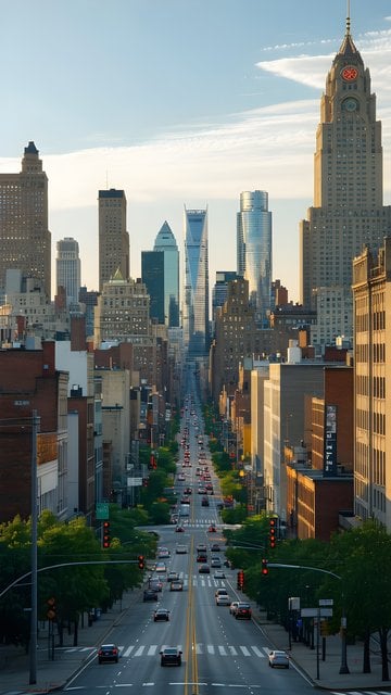 Dynamic City Street & Skyline at Golden Hour