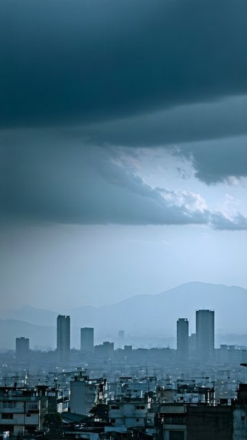 Misty Cityscape Under Dramatic Storm Clouds