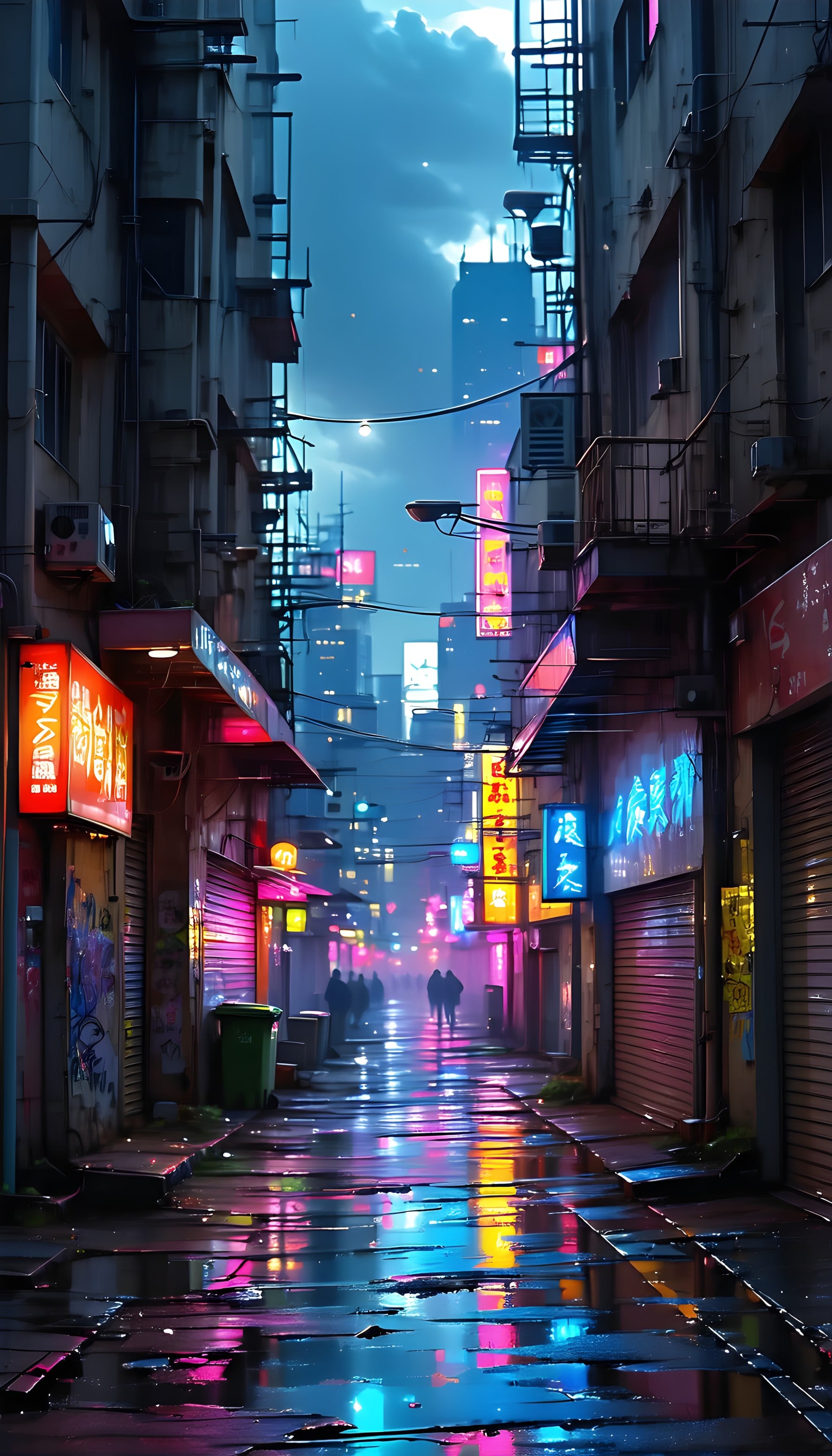 Cyberpunk City Alley Neon Night Reflections, cyberpunk, neon city, alleyway, night street, rain reflections, futuristic
