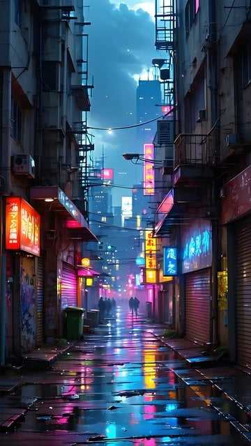 Cyberpunk City Alley Neon Night Reflections