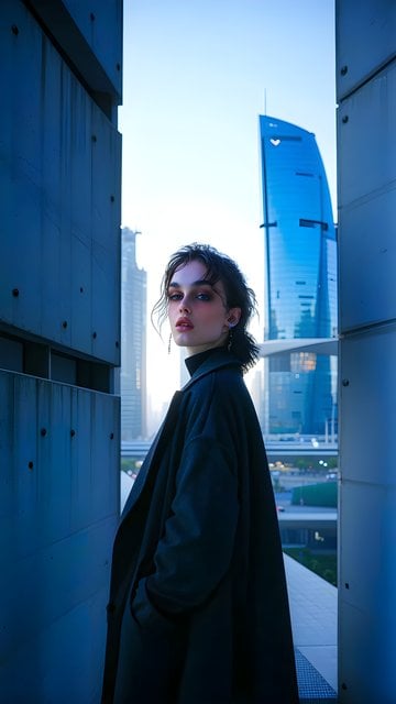 Stylish Urban Woman Against Blue City Skyline