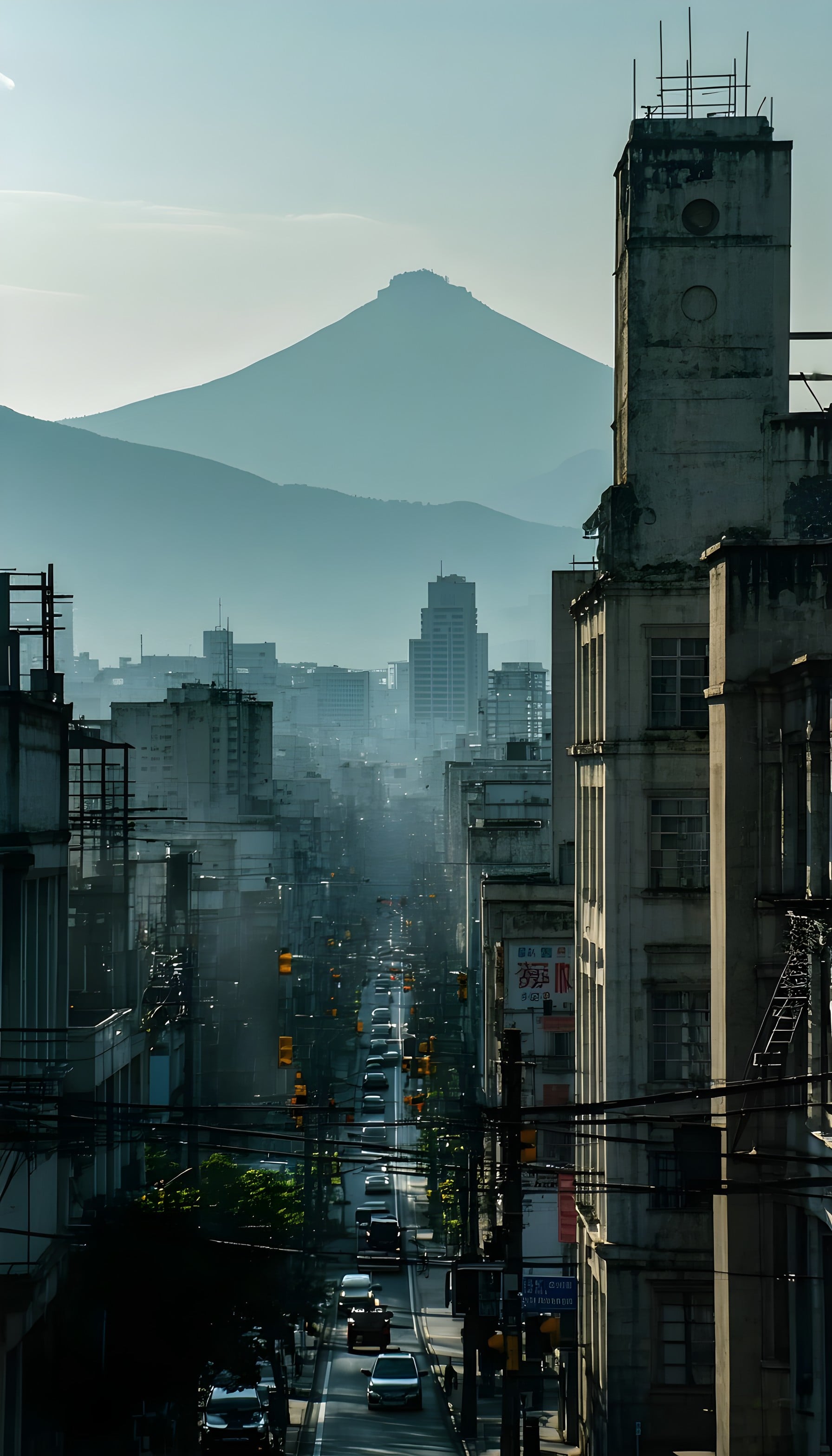 Urban Street View with Hazy Mountain Backdrop, city, urban, street, mountain, hazy, atmospheric