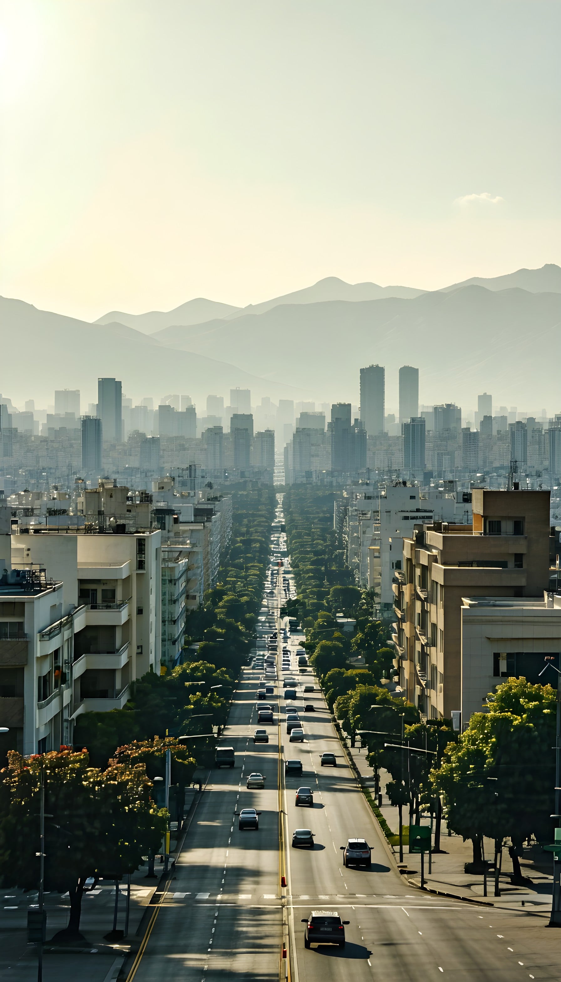 Sunlit Urban Avenue Leading to Mountain Cityscape, cityscape, urban street, mountain view, city skyline, architecture, traffic