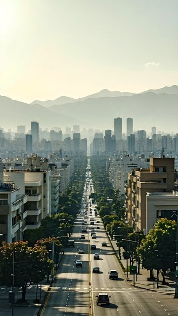 Sunlit Urban Avenue Leading to Mountain Cityscape