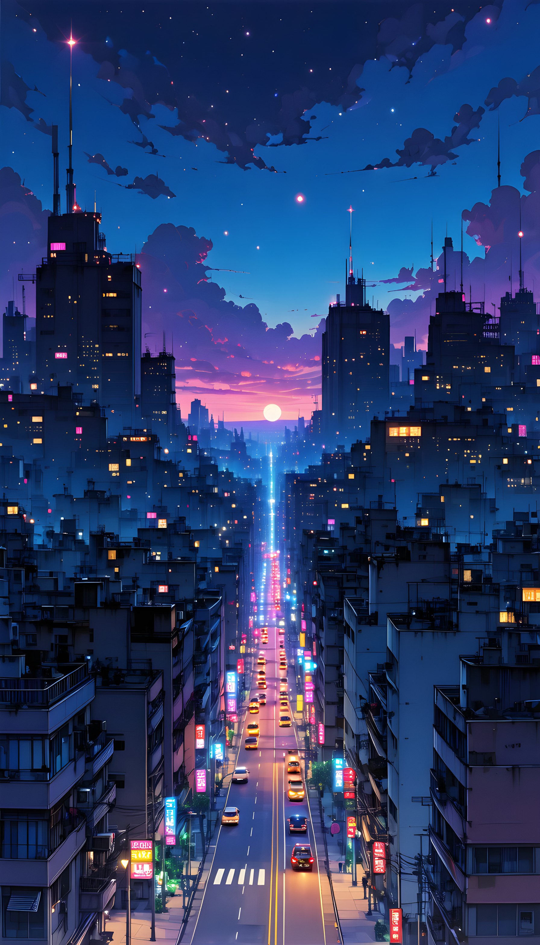 Vibrant Cyberpunk City Twilight Anime Wallpaper, cyberpunk city, neon lights, twilight cityscape, anime aesthetic, synthwave art, futuristic urban