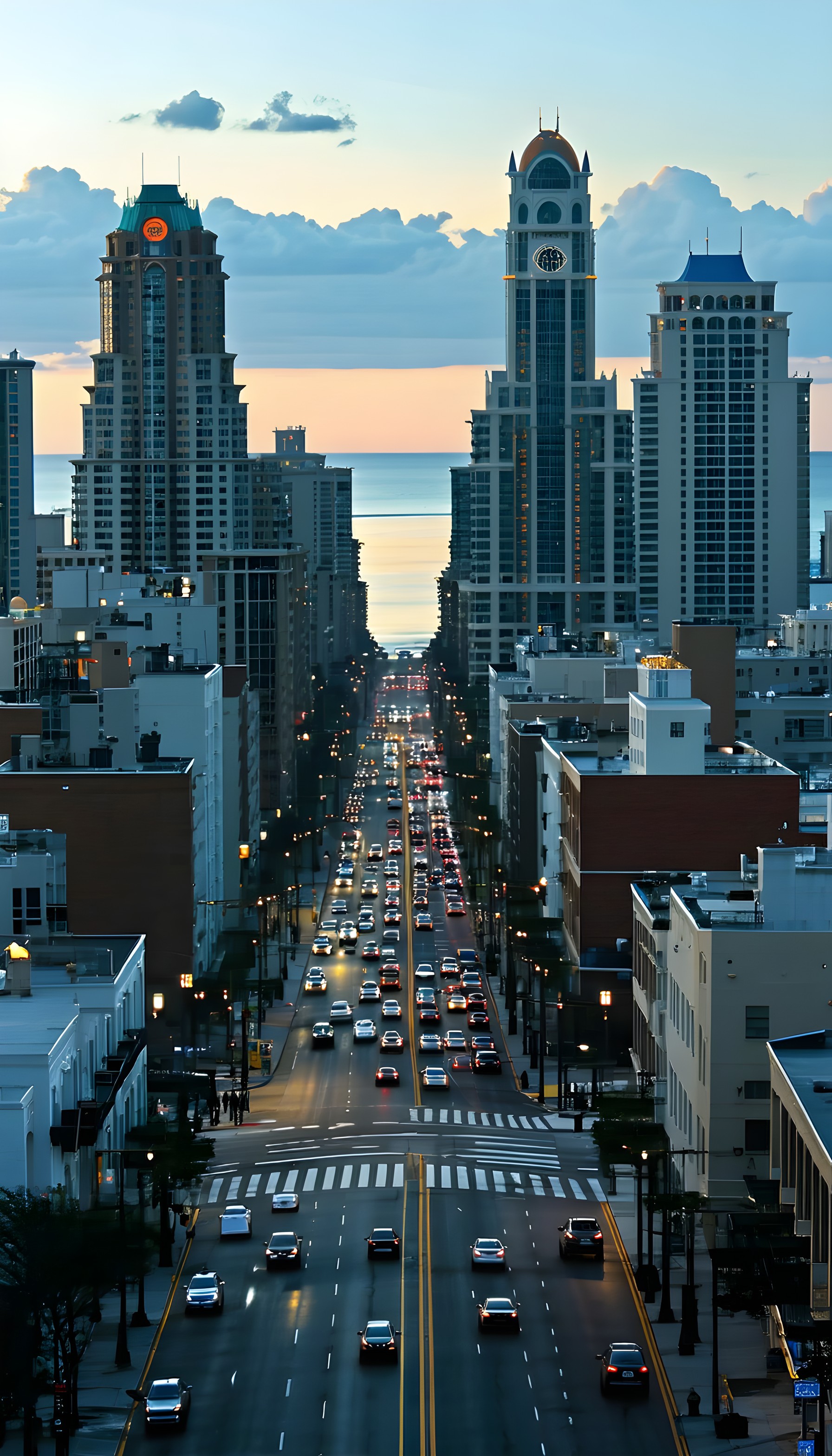 Urban Street View Dusk Ocean Horizon Wallpaper, city, urban, street, traffic, skyscraper, ocean