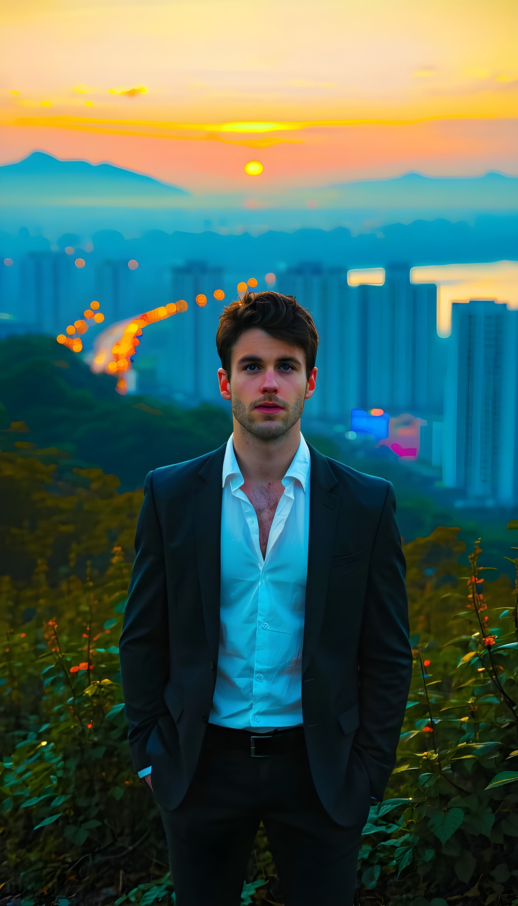 Handsome Man Urban Sunset Cityscape Wallpaper, man in suit, cityscape, sunset, golden hour, urban, stylish