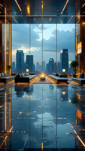 Luxury City Skyline Lounge, Futuristic Interior