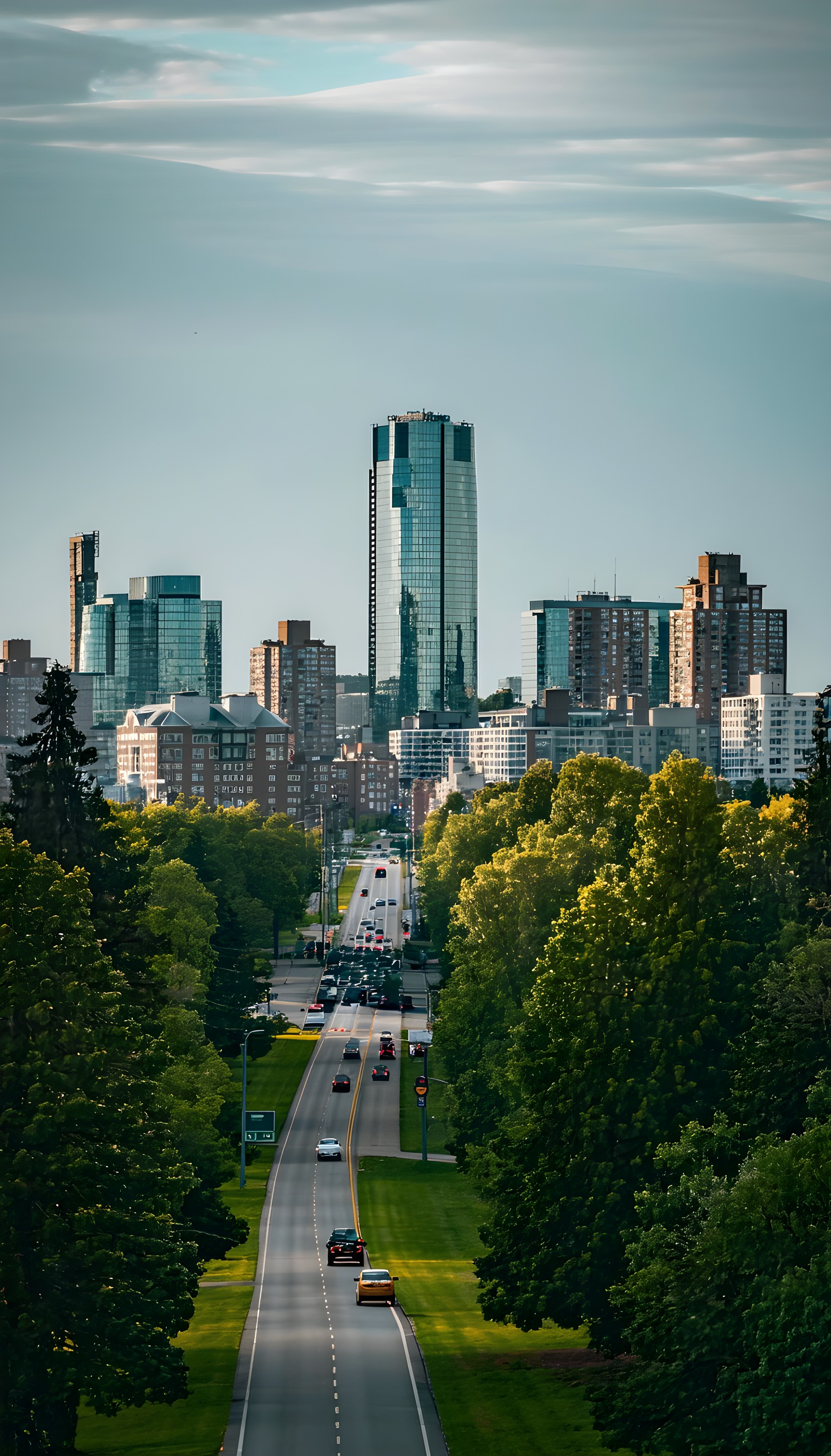Green Boulevard Leading to Modern City Skyline View, city skyline, urban road, green trees, modern architecture, mobile wallpaper, iphone background