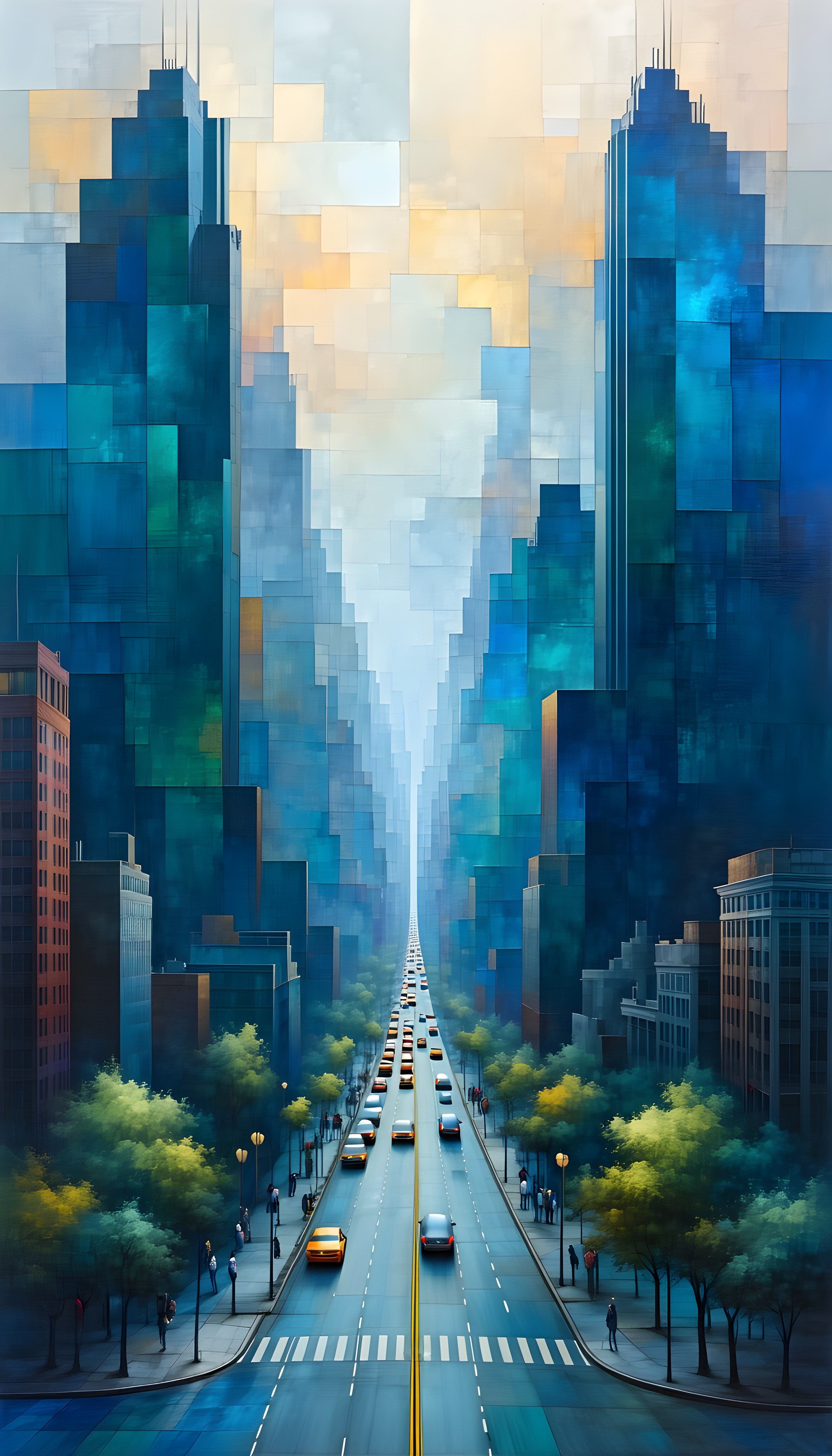 Abstract City Blue Skyscrapers Street Wallpaper, cityscape, abstract, urban, wallpaper, blue, teal