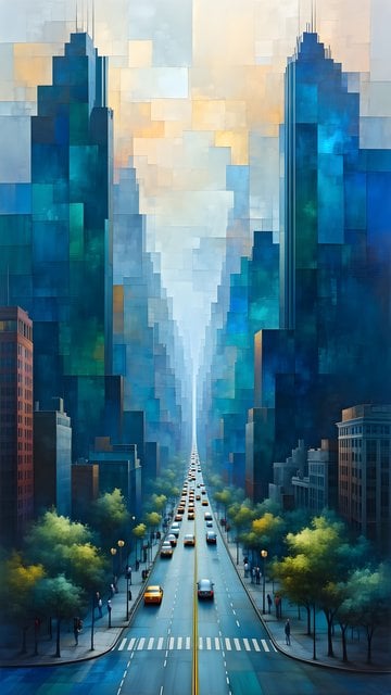Abstract City Blue Skyscrapers Street Wallpaper