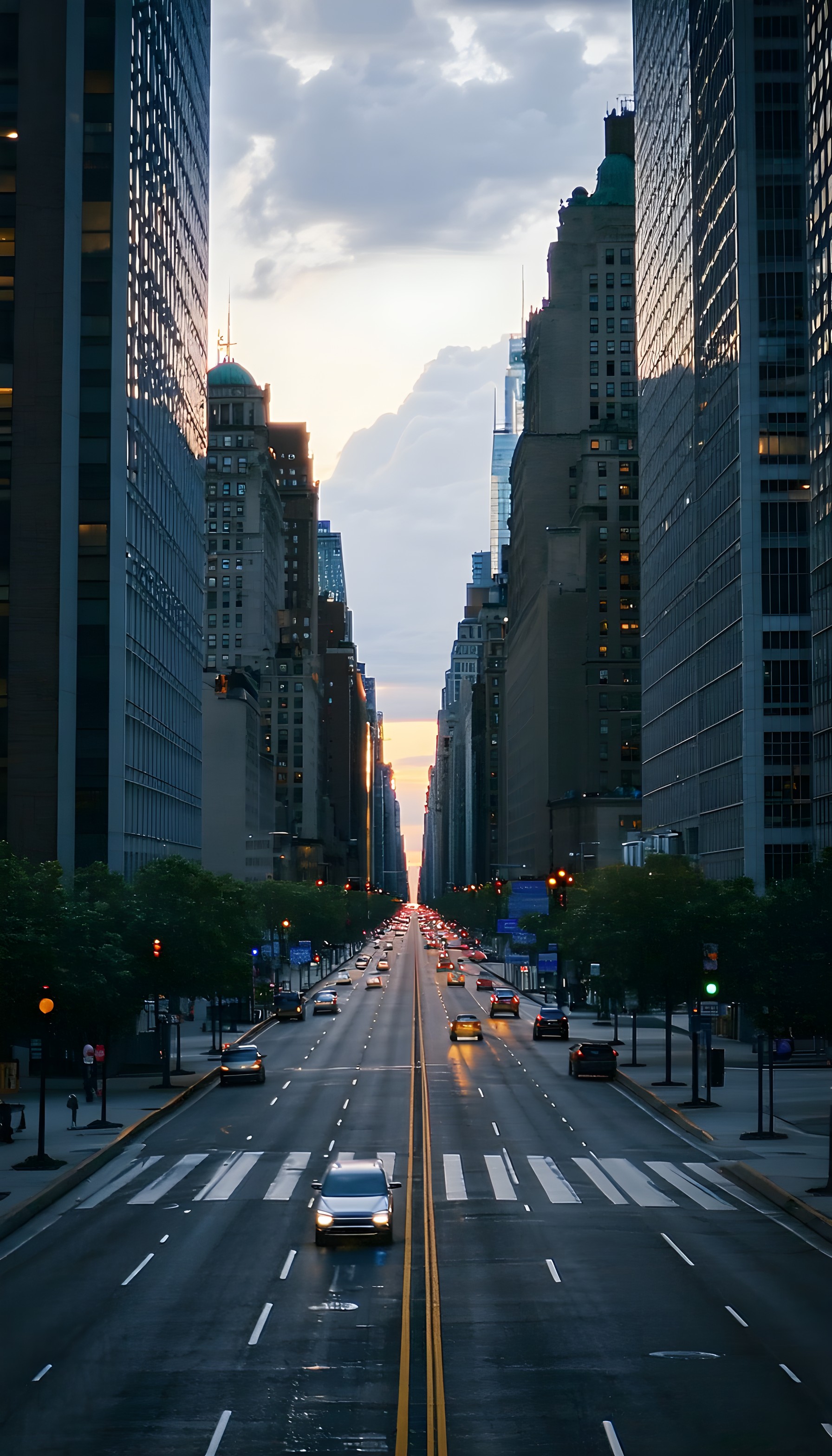 Downtown City Street Sunset View Mobile Wallpaper, city, urban, street, downtown, skyscraper, sunset