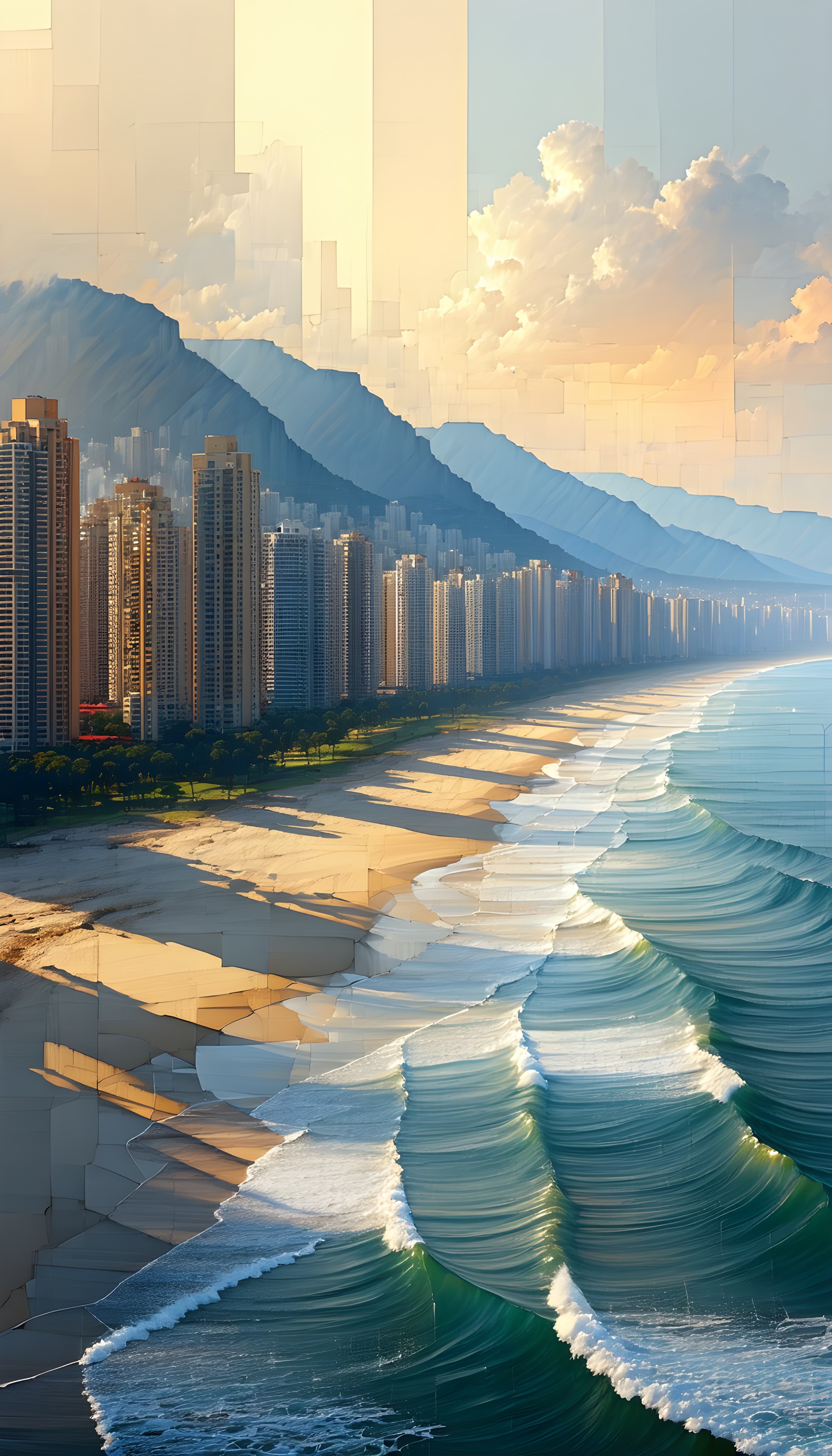 Coastal City Beach & Mountainscape Abstract Art, coastal, cityscape, beach, mountains, ocean waves, abstract art
