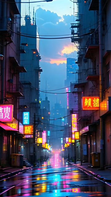 Cyberpunk City Street Neon Reflections Wallpaper