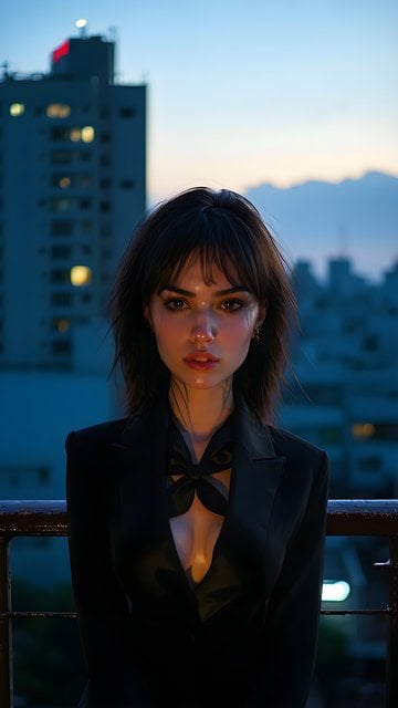 Sleek Urban Night Portrait: Woman on City Rooftop