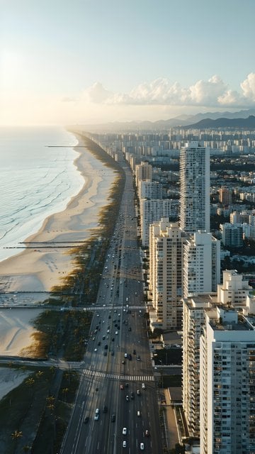 Golden Hour Coastal City Highway & Beach Aerial