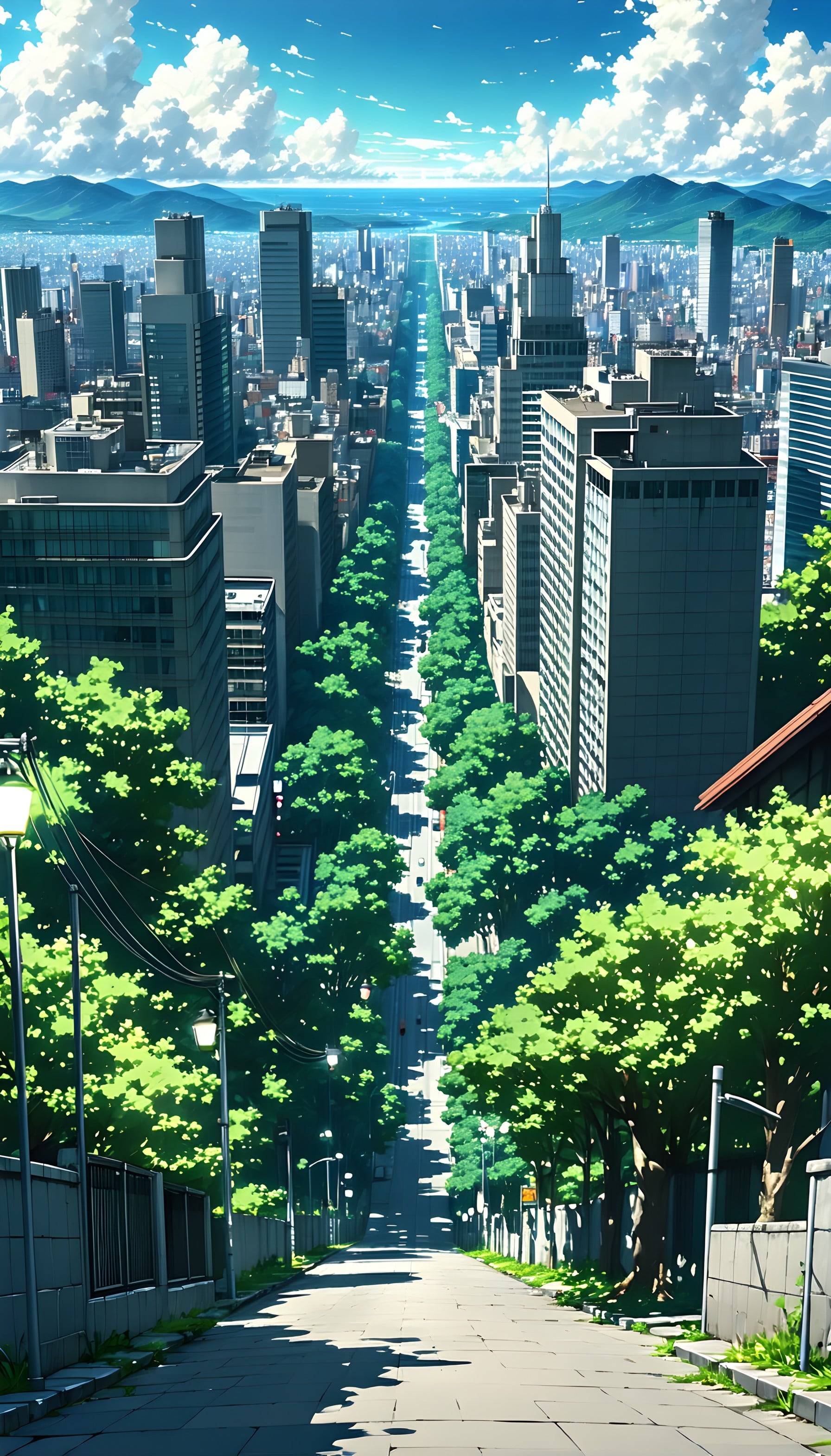 Vibrant Anime Cityscape with Tree-Lined Street, anime city, urban street, tree lined, cityscape wallpaper, vibrant green, blue sky