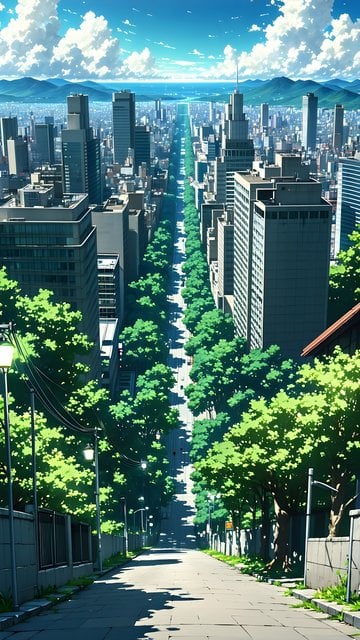 Vibrant Anime Cityscape with Tree-Lined Street