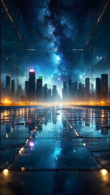 Futuristic City Skyline Milky Way Reflection Wallpaper