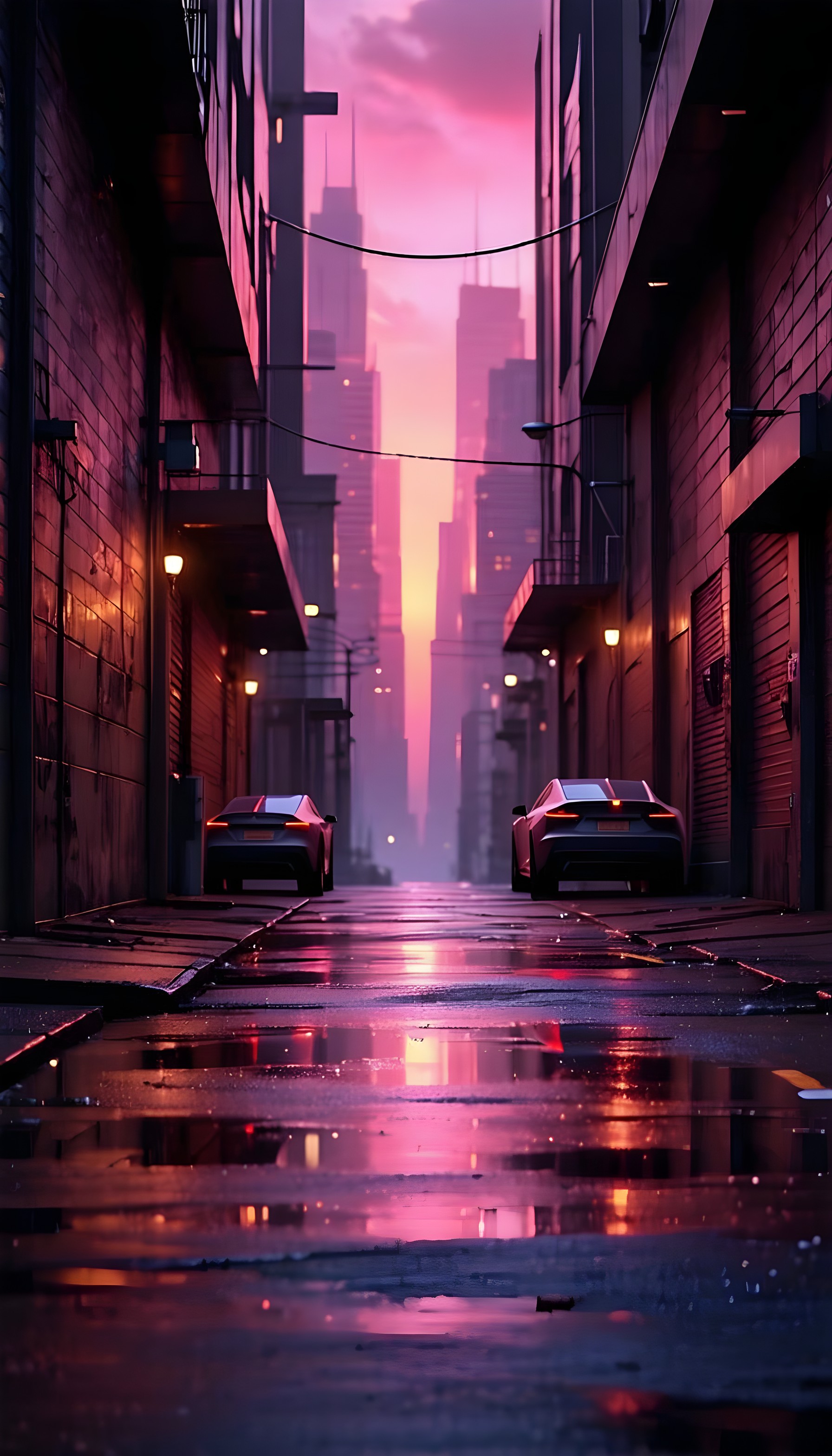 Vibrant Cyberpunk Alleyway Sunset Reflection Wallpaper, cyberpunk, neon city, alleyway, sunset, synthwave, urban aesthetic