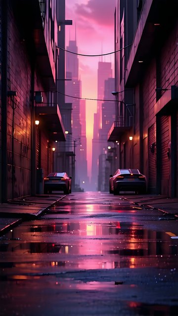 Vibrant Cyberpunk Alleyway Sunset Reflection Wallpaper