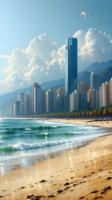 Vibrant City Beach Skyscraper Ocean View Wallpaper