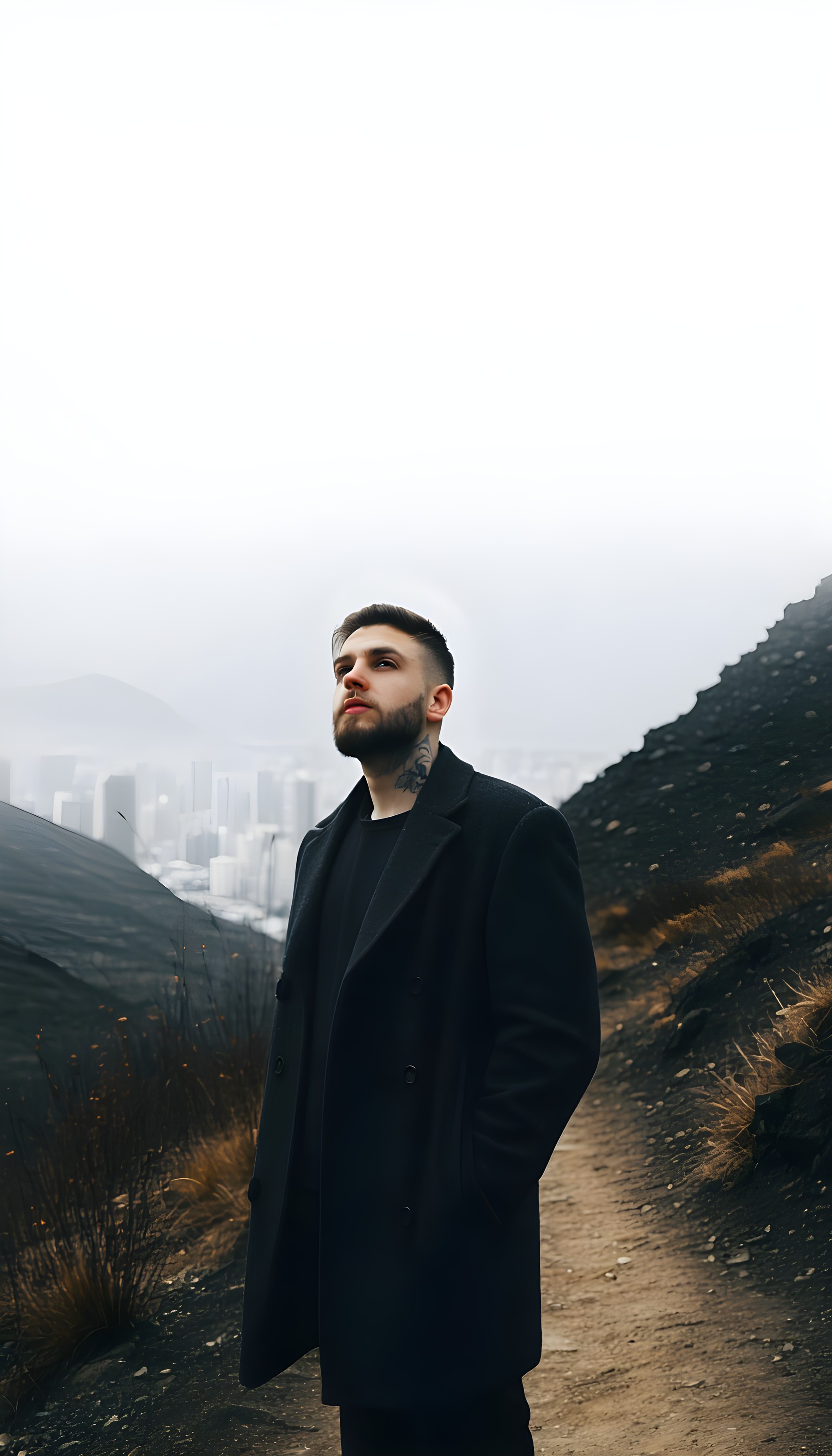 Stylish Man in Black Coat on Foggy Mountain Path, man, stylish, black coat, moody, urban, foggy