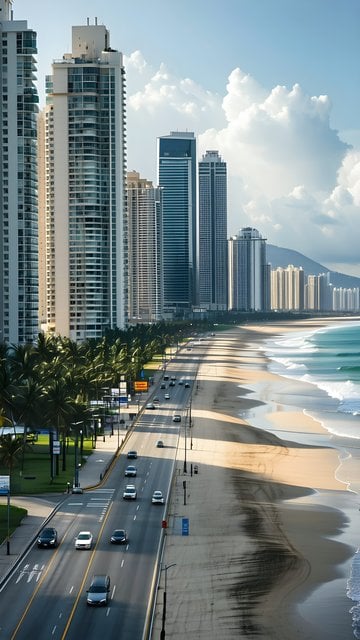 Coastal City Beach Road Skyscrapers Wallpaper