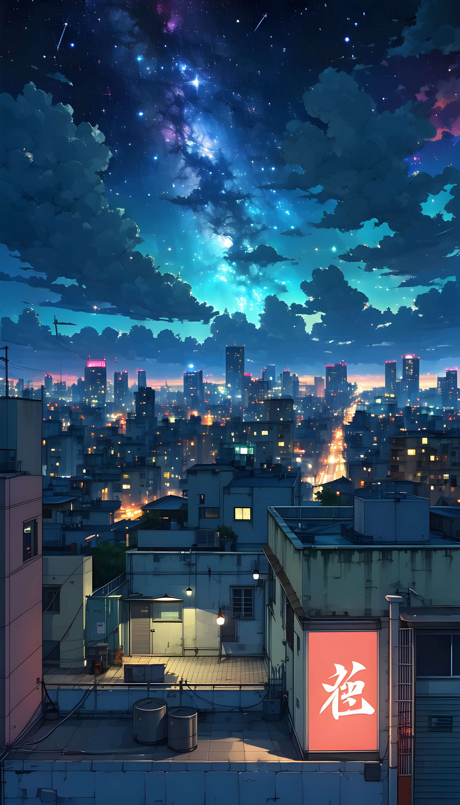 Urban Night Galaxy Anime Cityscape Wallpaper, anime, cityscape, night sky, galaxy, digital art, urban