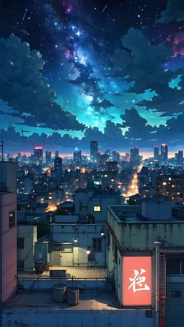 Urban Night Galaxy Anime Cityscape Wallpaper