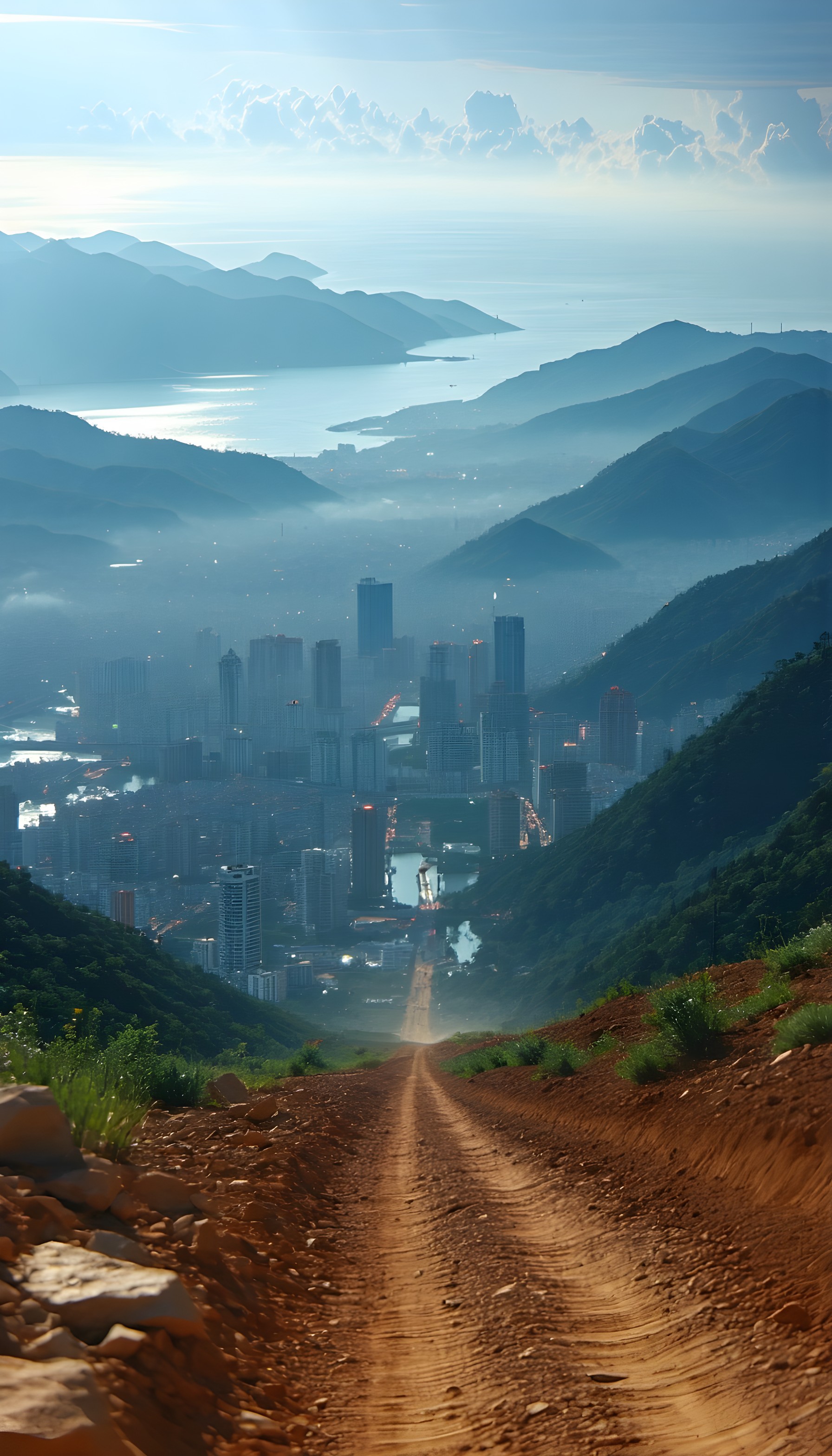 Misty City Valley View from Mountain Path, city, mountains, valley, dirt road, atmospheric, landscape
