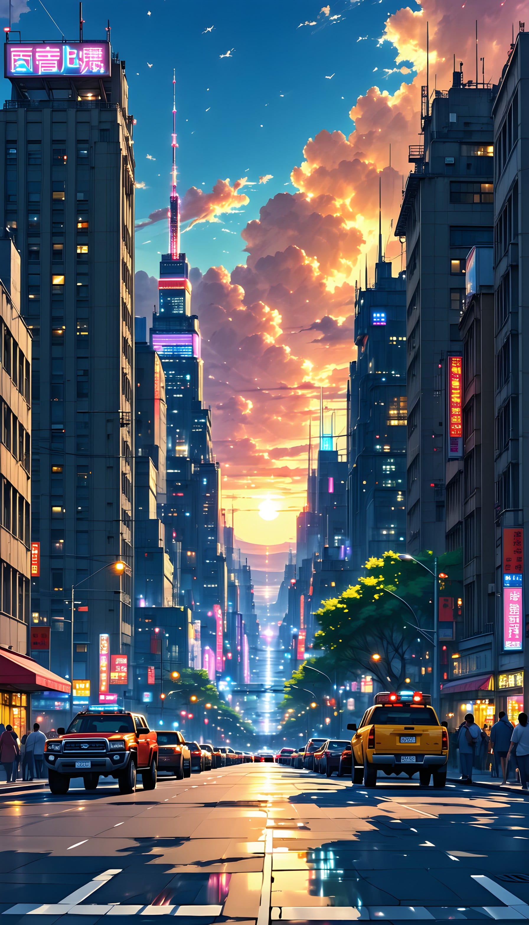 Vibrant Anime City Sunset Street Neon Glow Wallpaper, anime city, cyberpunk street, sunset, neon lights, urban aesthetic, vibrant