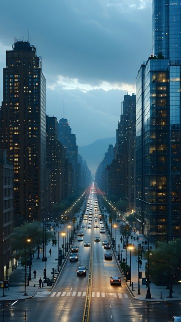 Urban Evening Commute: City Street at Dusk