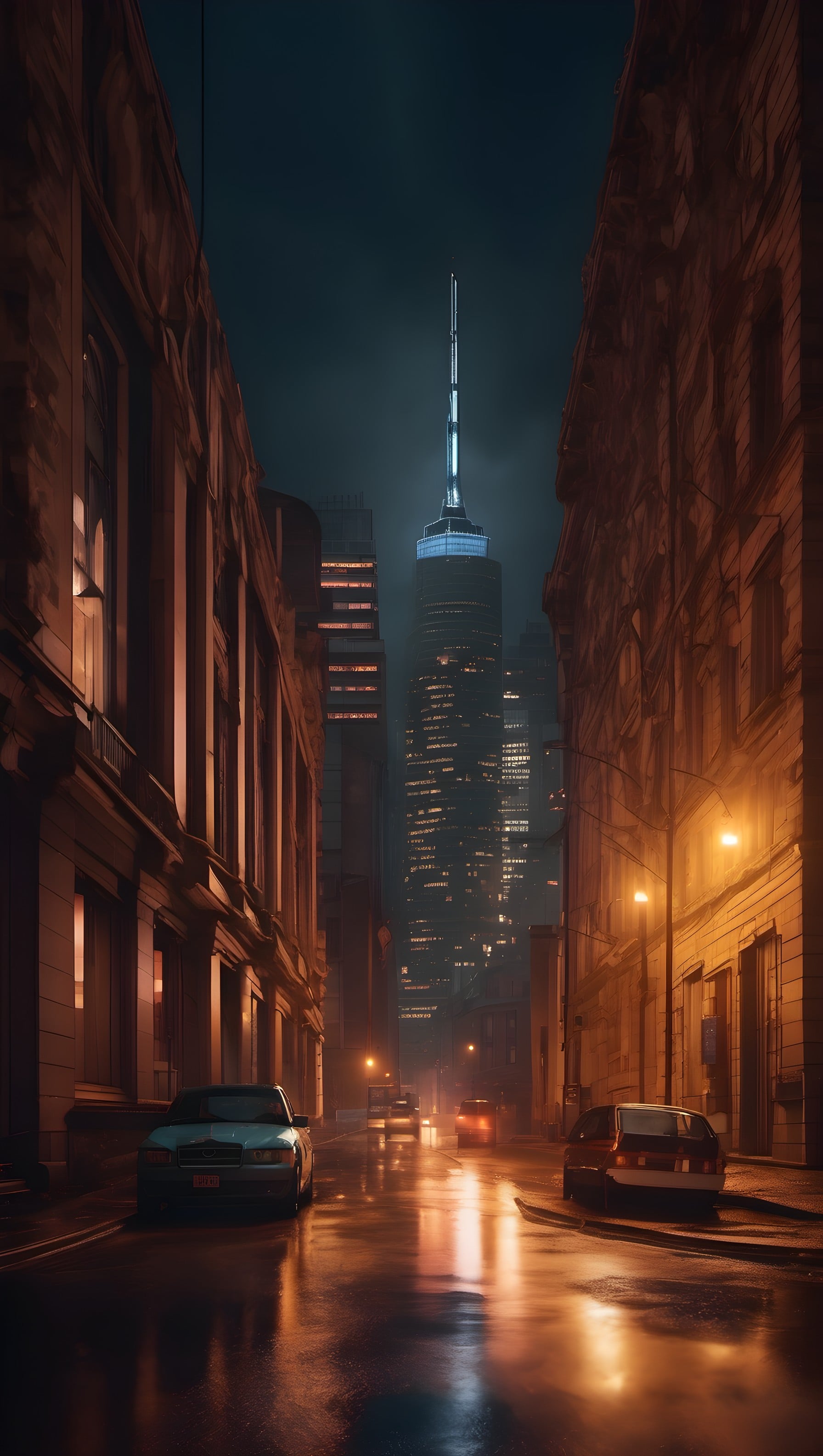 Moody Rainy City Night Alley Skyscraper View, city night, urban street, rainy aesthetic, skyscraper view, moody atmosphere, cinematic photography