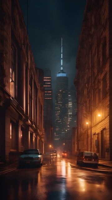 Moody Rainy City Night Alley Skyscraper View
