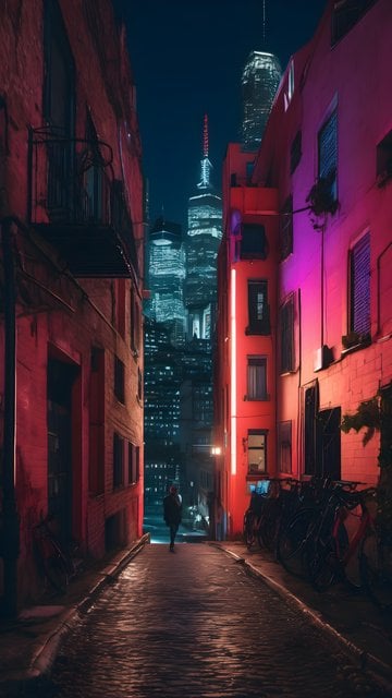 Neon Cyberpunk Alley Night City Skyline Wallpaper