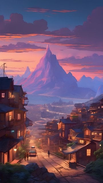 Anime Sunset Mountain Town Aesthetic Wallpaper
