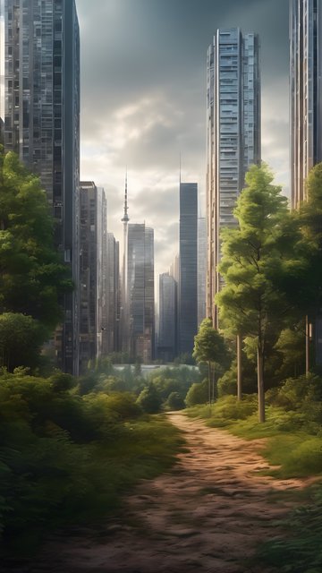 Urban Forest Path with Modern Skyline View