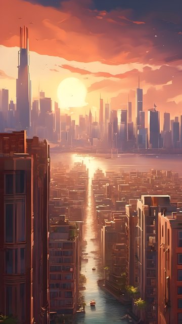 Vibrant City Sunset Over River Canal Skyline