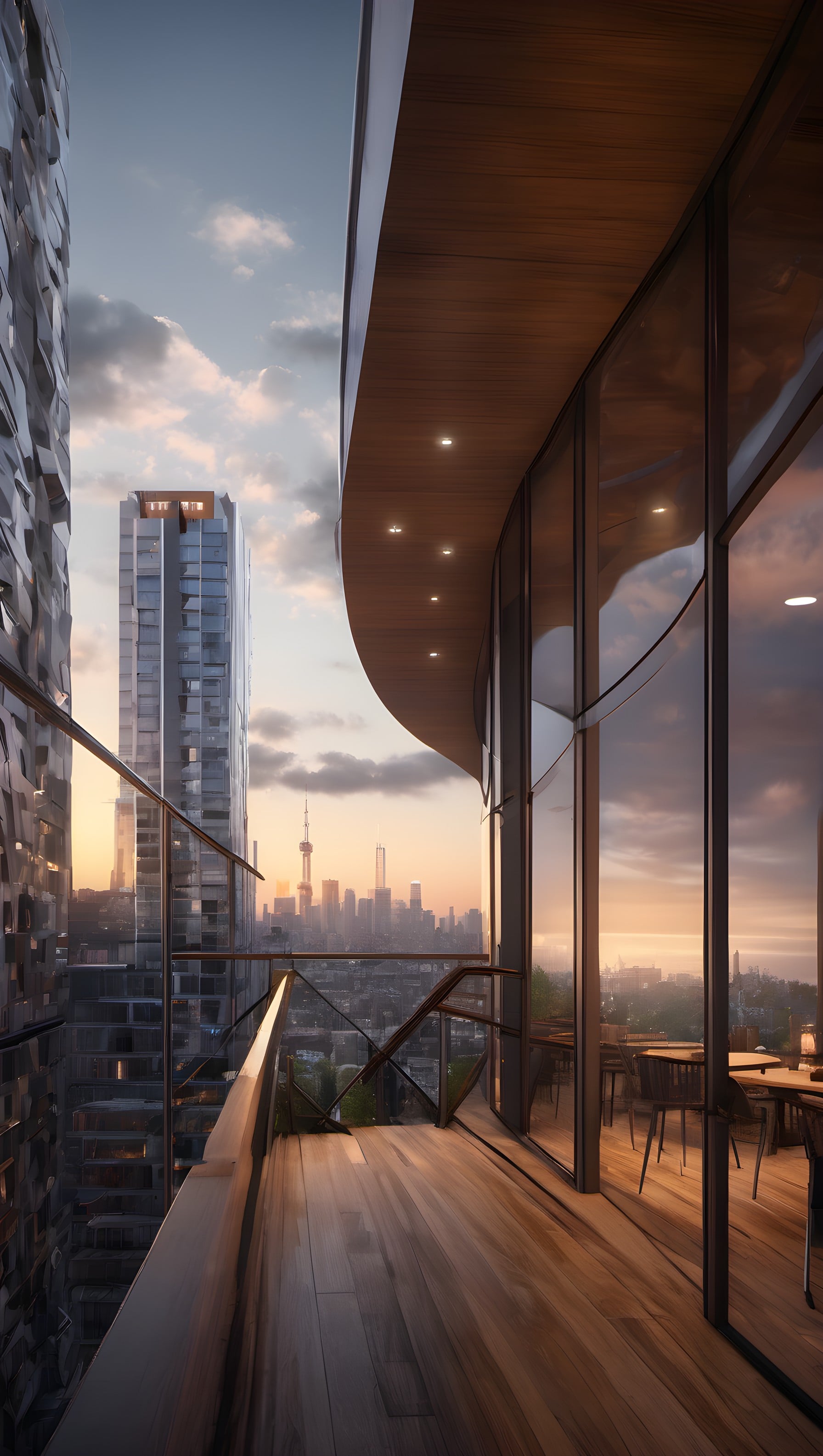 Luxury High-Rise Balcony City View at Dusk, balcony, cityscape, skyline, high-rise, modern architecture, urban view