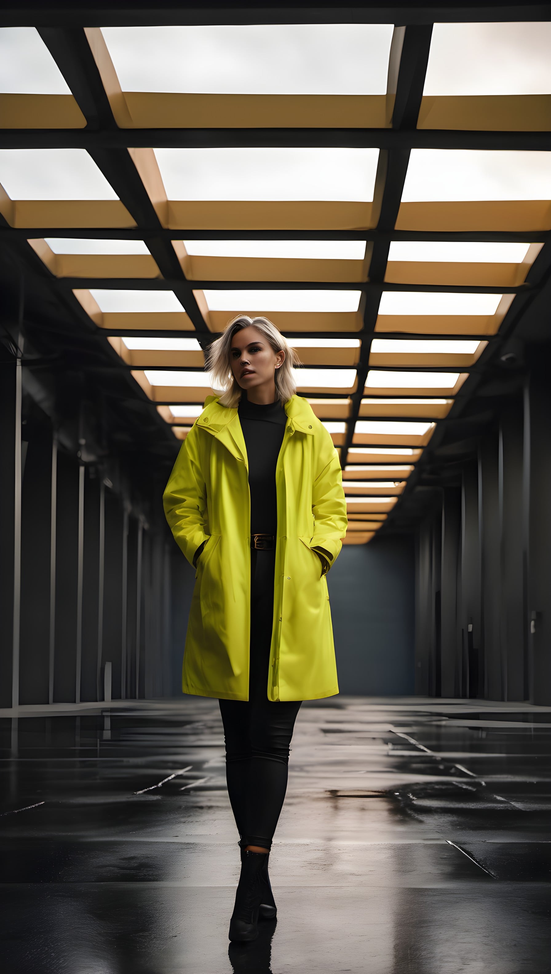 Vibrant Woman in Yellow Coat Modern Urban Tunnel, woman, yellow coat, modern architecture, urban style, fashion, neon