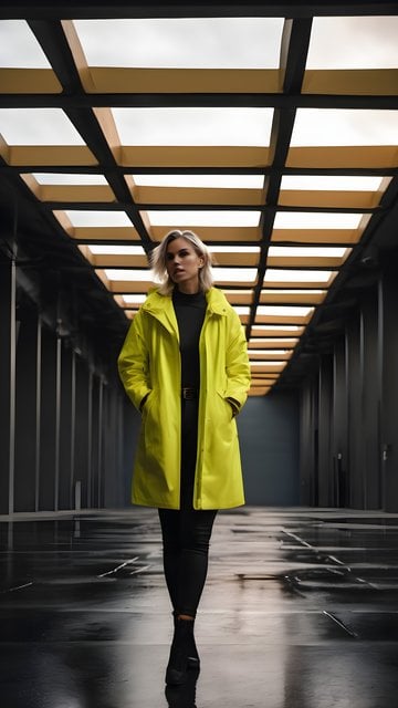 Vibrant Woman in Yellow Coat Modern Urban Tunnel