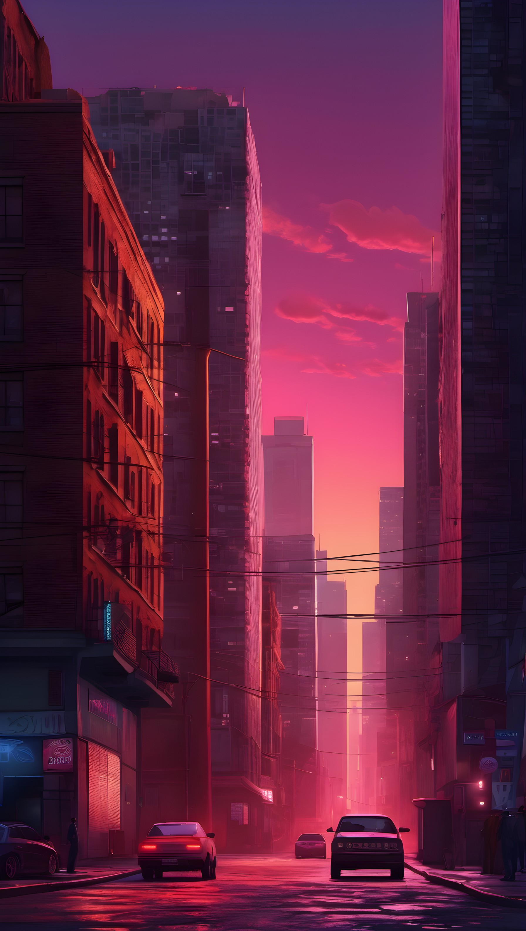 Vaporwave City Sunset Street View, vaporwave, synthwave, cityscape, neon, pink and purple, urban street
