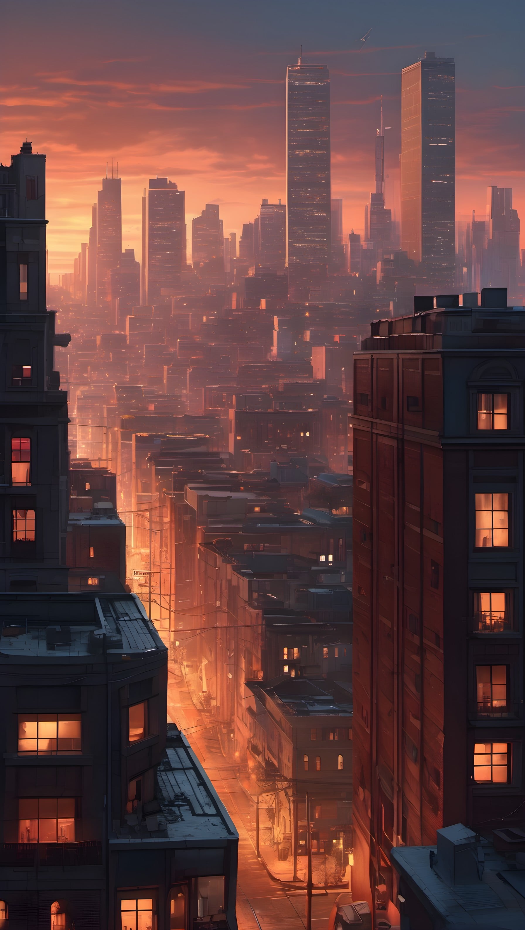 Vibrant Urban Sunset Cityscape Phone Wallpaper, cityscape, urban, sunset, sunrise, golden hour, aesthetic