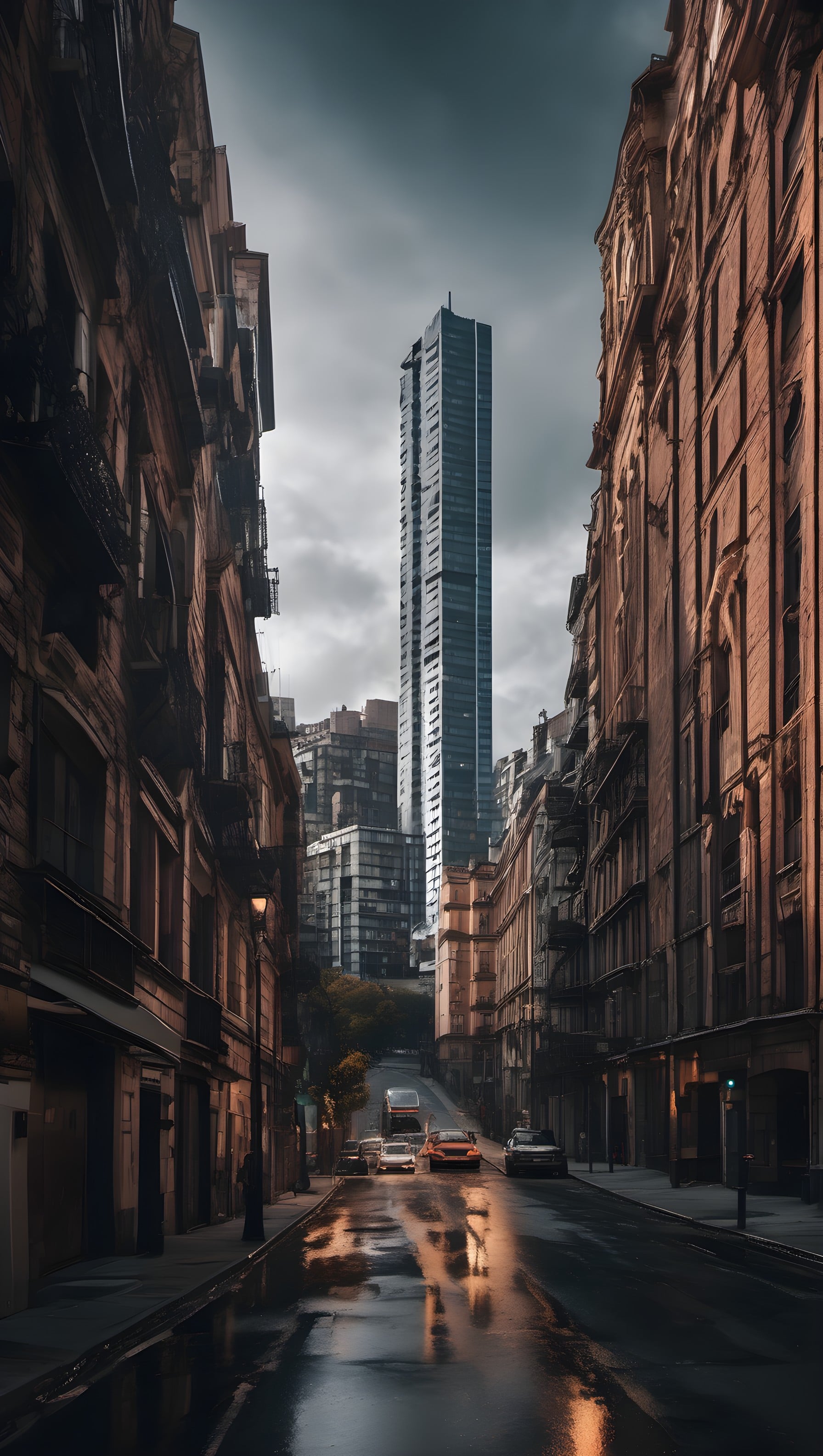 Moody Urban Street Skyscraper View Wallpaper, cityscape, urban street, skyscraper, moody, rainy reflections, architecture