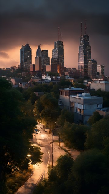 Moody City Skyline at Twilight with Lit Street