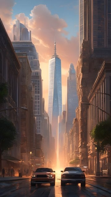Golden Hour Skyscraper City Street Wallpaper