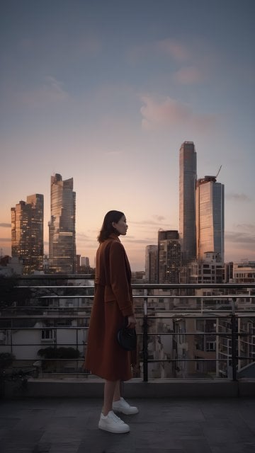 Urban Rooftop Sunset Vista with Woman